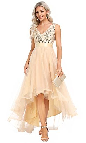 Women's Cocktail Dress Double V-Neck Sleeveless Empire Waist Sequin High Low Tulle Formal Dress 0147A