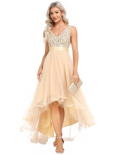 Women's Cocktail Dress Double V-Neck Sleeveless Empire Waist Sequin High Low Tulle Formal Dress 0147A