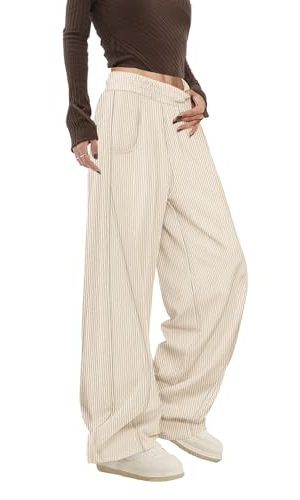 Women's Corduroy Casual Baggy Pants Elastic Waist Wide Leg Trousers with Pockets PCB