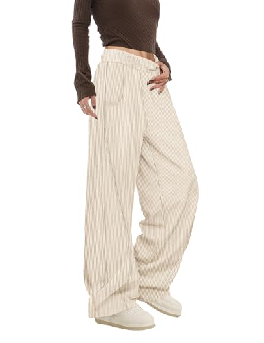 Women's Corduroy Casual Baggy Pants Elastic Waist Wide Leg Trousers with Pockets PCB