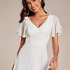 Women's V Neck Ruffle Sleeves Irregular Chiffon A-Line Midi Wedding Guest Dresses 01756