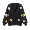 Women’s Floral Cropped Cardigan Cute Flower V Neck Button Down Trendy Sweater