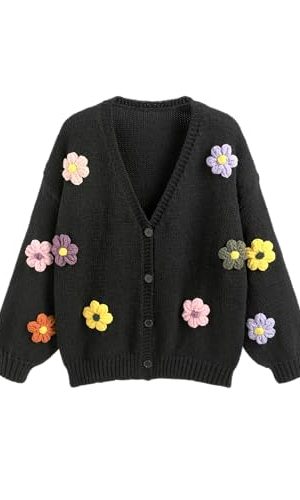 Women’s Floral Cropped Cardigan Cute Flower V Neck Button Down Trendy Sweater