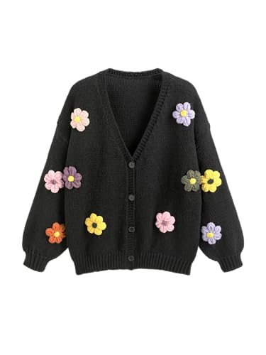Women’s Floral Cropped Cardigan Cute Flower V Neck Button Down Trendy Sweater