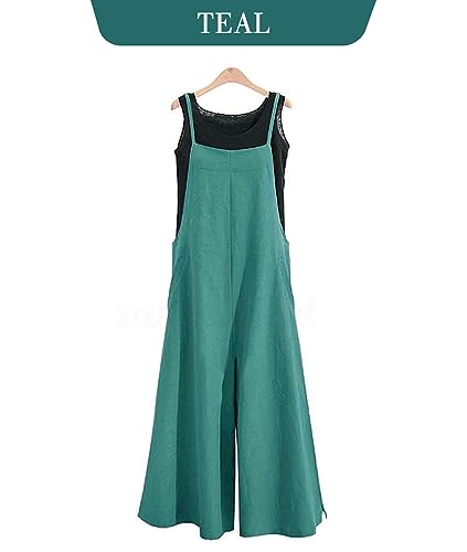Women Casual Loose Long Bib Pants Wide Leg Jumpsuits Baggy Cotton Rompers Overalls with Pockets 3XL PZZTYP2 Teal