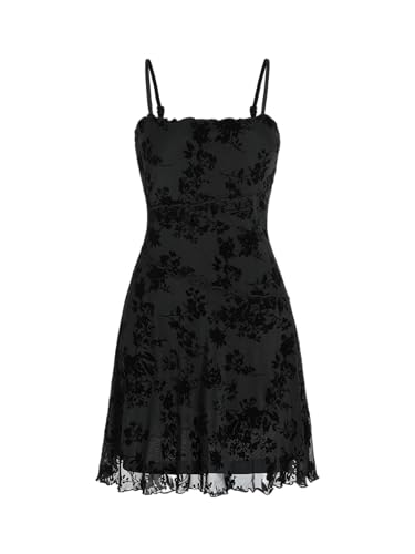 Women's Summer Mini Dress Floral Dresses Sleeveless Lace Mesh Square Neck Spaghetti Strap Short Party Dresses