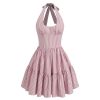 Women's Halter Mini Dress for Summer Striped Sleeveless Shirred Ruffle Dress Sexy Cute Vacation Outfits