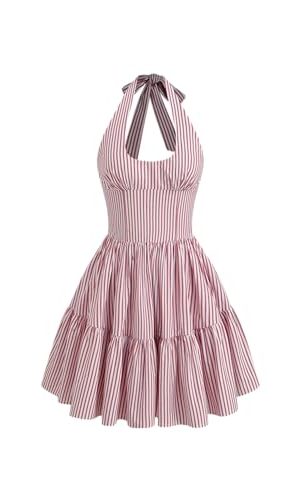 Women's Halter Mini Dress for Summer Striped Sleeveless Shirred Ruffle Dress Sexy Cute Vacation Outfits