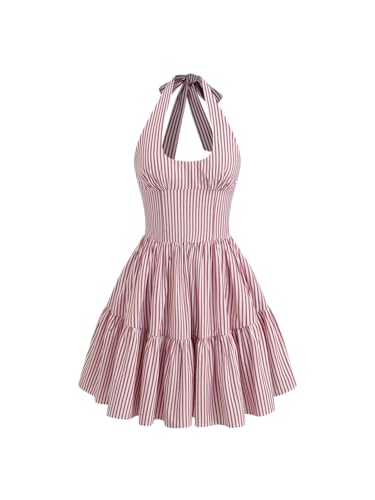 Women's Halter Mini Dress for Summer Striped Sleeveless Shirred Ruffle Dress Sexy Cute Vacation Outfits