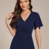 Women's V-Neck Pleated Short Ruffles Sleeves Hi-Lo Midi A Line Cocktail Dresses 02327