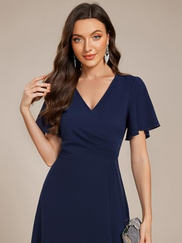 Women's V-Neck Pleated Short Ruffles Sleeves Hi-Lo Midi A Line Cocktail Dresses 02327