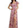 Women's Square Neck Short Sleeves Split Chiffon Floor Length A-Line Maxi Formal Dress 02409