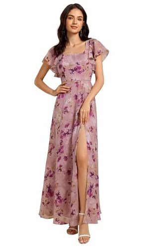 Women's Square Neck Short Sleeves Split Chiffon Floor Length A-Line Maxi Formal Dress 02409