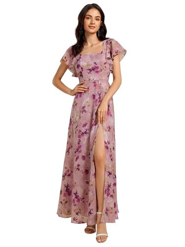 Women's Square Neck Short Sleeves Split Chiffon Floor Length A-Line Maxi Formal Dress 02409