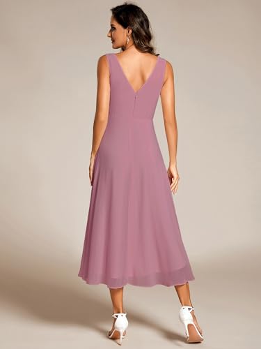 Women's V Neck Sleeveless Empire Waist Semi Formal Dress Pleated Chiffon Wedding Guest Dresses 61926