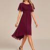 Women's Chiffon Crew Neck Pleated Waist Short Sleeve Wedding Guest Dress 02053