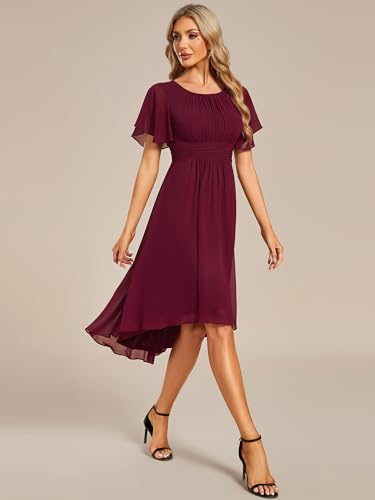 Women's Chiffon Crew Neck Pleated Waist Short Sleeve Wedding Guest Dress 02053