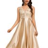 Women's Satin Sequin Appliques A Line Midi Length Wedding Guest Dress with Pockets 02341