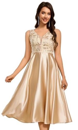 Women's Satin Sequin Appliques A Line Midi Length Wedding Guest Dress with Pockets 02341