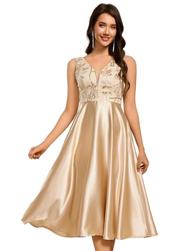 Women's Satin Sequin Appliques A Line Midi Length Wedding Guest Dress with Pockets 02341
