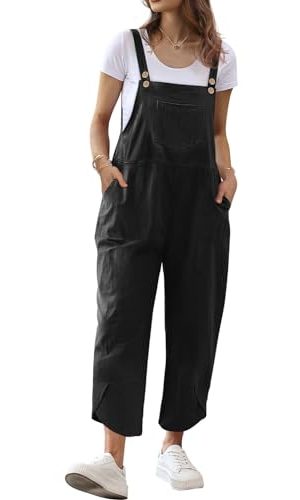 Women Cotton Overalls Casual Loose Adjustable Straps Bib Pants Tulip Hem Baggy Jumpsuits with Pockets PZJ