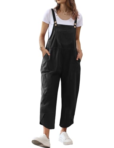 Women Cotton Overalls Casual Loose Adjustable Straps Bib Pants Tulip Hem Baggy Jumpsuits with Pockets PZJ