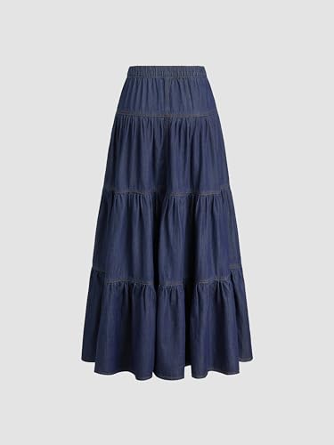 Women’s Long Jean Denim Tiered Button Down High Waisted Maxi Skirts