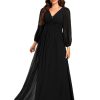 Women's V-Neck Long Sleeves A-Line Pleated Chiffon Floor Length Formal Dress 02235
