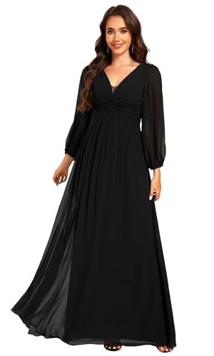 Women's V-Neck Long Sleeves A-Line Pleated Chiffon Floor Length Formal Dress 02235