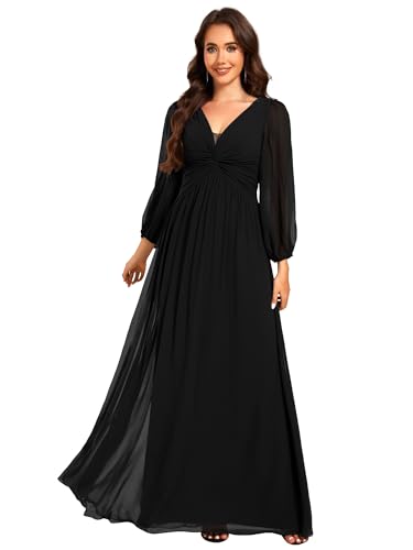 Women's V-Neck Long Sleeves A-Line Pleated Chiffon Floor Length Formal Dress 02235