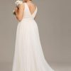 Women's V Neck Sleeveless A Line Pleated Tulle Floor Length Bridal Dresses