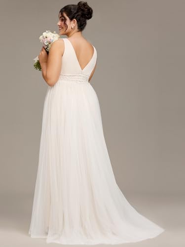 Women's V Neck Sleeveless A Line Pleated Tulle Floor Length Bridal Dresses