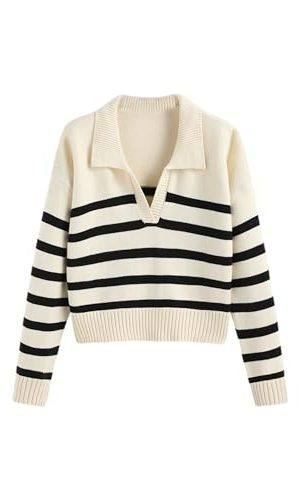 Women’s Polo Sweater Striped Collared Lightweight Long Sleeve V Neck Pullover Fall Sweater Tops 2024