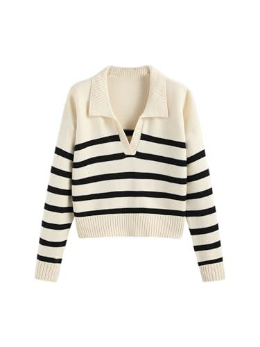 Women’s Polo Sweater Striped Collared Lightweight Long Sleeve V Neck Pullover Fall Sweater Tops 2024