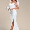 Women's Slit Pearl Chain Cold Shoulder Fishtail Wedding Bridal Gowns Floor‑Length Dress for Bride 01859-PH