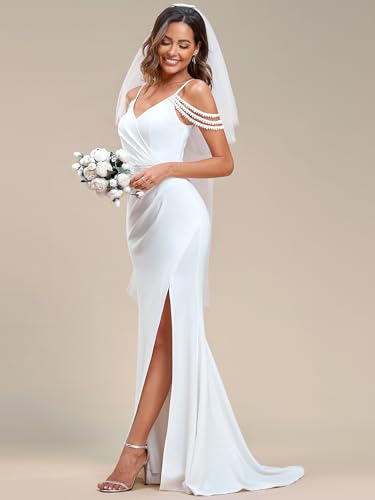 Women's Slit Pearl Chain Cold Shoulder Fishtail Wedding Bridal Gowns Floor‑Length Dress for Bride 01859-PH