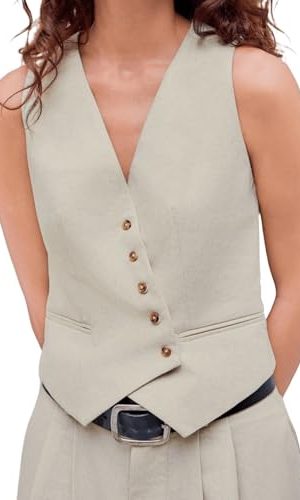 Women's Vest V Neck Sleeveless Linen-blend Work Blazer Vest Crop Button Suit Vest for Summer Casual Trendy
