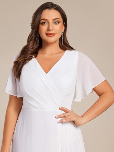 Women's V Neck Chiffon Ruched Ruffles Sleeves Side Slit Floor Length Plus Size Bridesmaid Dresses S0050-DA