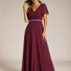 Women's Chiffon Formal Dress A-Line V Neck Ruffle Sleeves Floor Length Evening Gown 11981