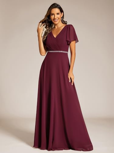 Women's Chiffon Formal Dress A-Line V Neck Ruffle Sleeves Floor Length Evening Gown 11981
