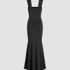 Solid Ruched U-Neckline Ruffle Maxi Dress