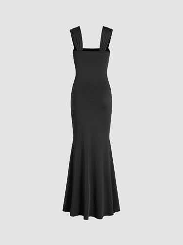 Solid Ruched U-Neckline Ruffle Maxi Dress