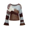 Women‘s Wool Color Block Sweater Knitted Boat Neck Bell Sleeve Pullover Sweatshirt Tops