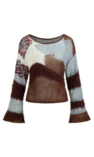 Women‘s Wool Color Block Sweater Knitted Boat Neck Bell Sleeve Pullover Sweatshirt Tops