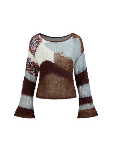 Women‘s Wool Color Block Sweater Knitted Boat Neck Bell Sleeve Pullover Sweatshirt Tops