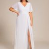 Women's V Neck Chiffon Ruched Ruffles Sleeves Side Slit Floor Length Plus Size Bridesmaid Dresses S0050-DA