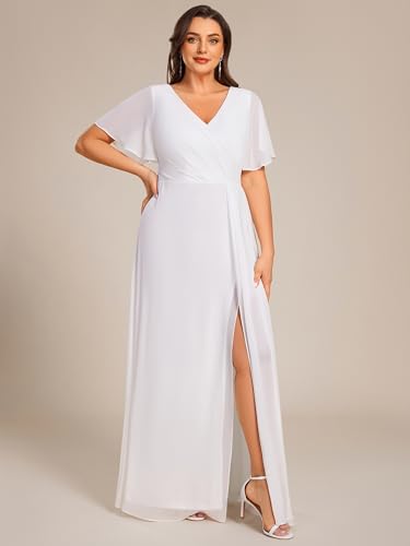 Women's V Neck Chiffon Ruched Ruffles Sleeves Side Slit Floor Length Plus Size Bridesmaid Dresses S0050-DA