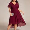 A Line V Neck Chiffon Short Sleeves High Low Knee Length Plus Size Wedding Guest Dresses for Curvy Women 01923-DA