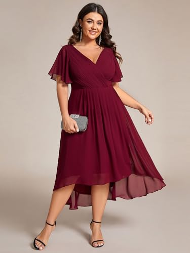 A Line V Neck Chiffon Short Sleeves High Low Knee Length Plus Size Wedding Guest Dresses for Curvy Women 01923-DA