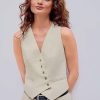 Women's Vest V Neck Sleeveless Linen-blend Work Blazer Vest Crop Button Suit Vest for Summer Casual Trendy